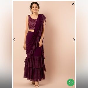 Wine Mukaish Foil Ruffled Pre-Stitched Saree (Without Blouse)